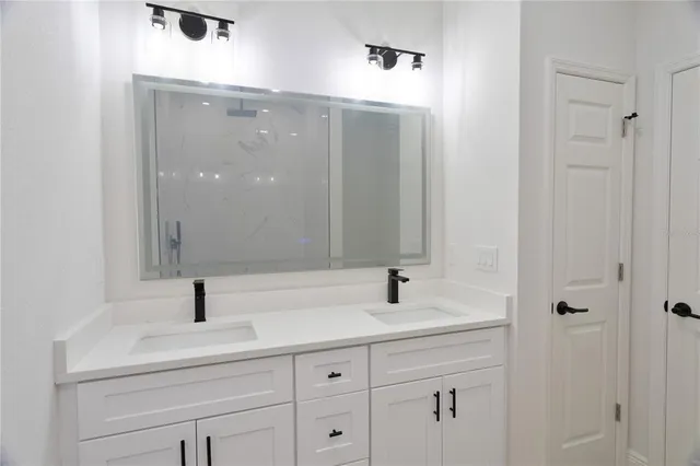a bathroom with a sink and a mirror