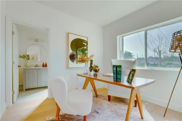 a view of a dining room with furniture
