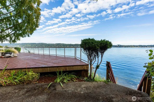 a view of a backyard with plants and lake view