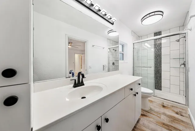 a bathroom with a sink a toilet and shower