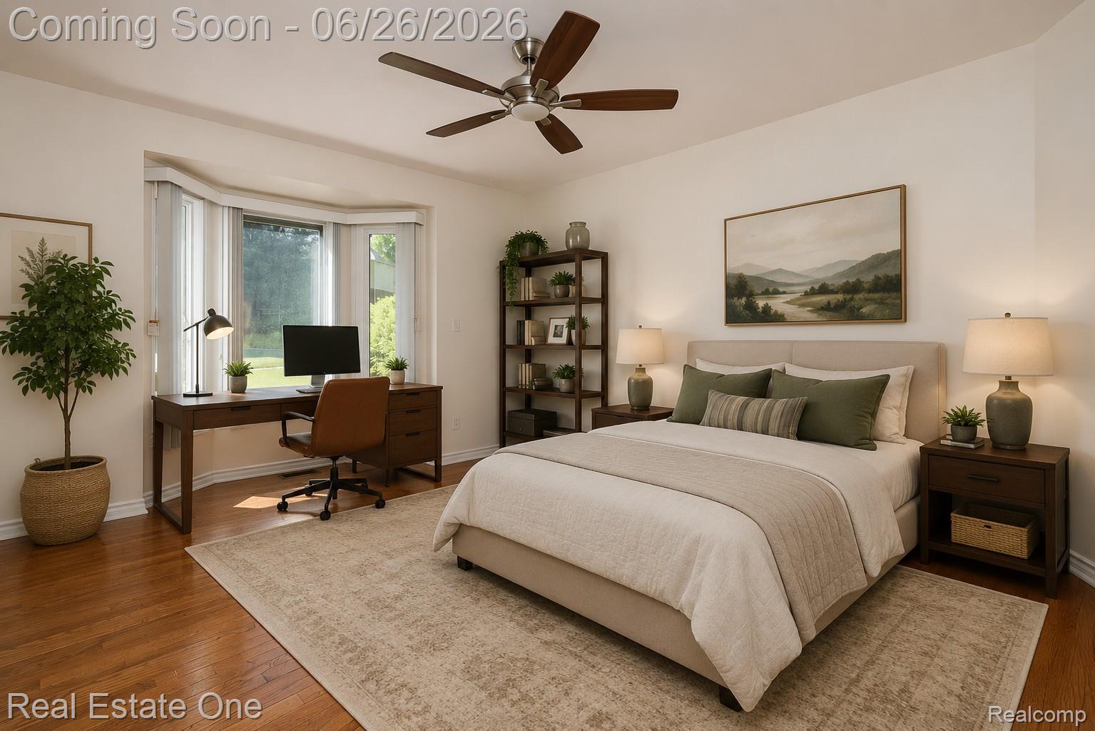 227 Bloomer Ridge Court Rochester, MI 48307 - Photo 27 of 45 Spacious room featuring a bay window, wood-finish flooring, a ceiling fan, and built-in shelving