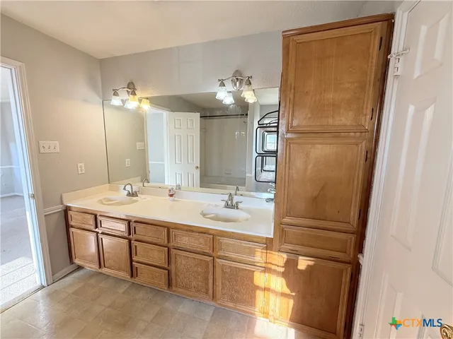 a bathroom with a double vanity sink a mirror and a shower