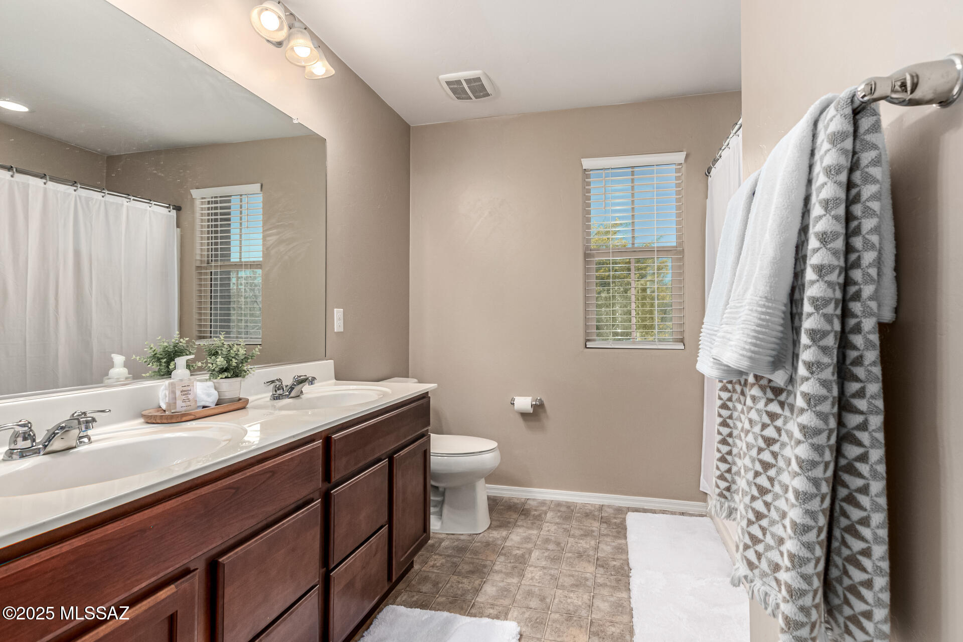 9528 Desert Fauna Loop Tucson, AZ 85747 - Photo 22 of 46 a bathroom with a double vanity sink toilet and a mirror