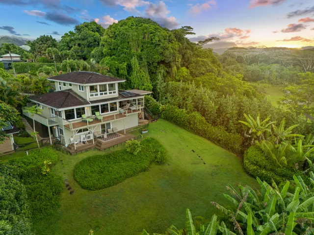 an aerial view of residential houses with outdoor space and trees