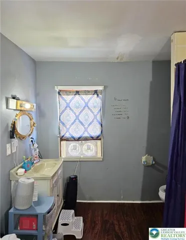 a bathroom with a toilet a sink and a mirror
