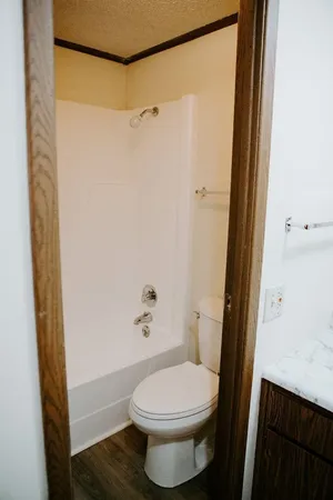 a bathroom with a shower and a toilet