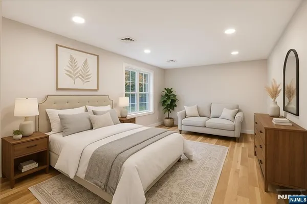 a spacious bedroom with a large bed and a couch