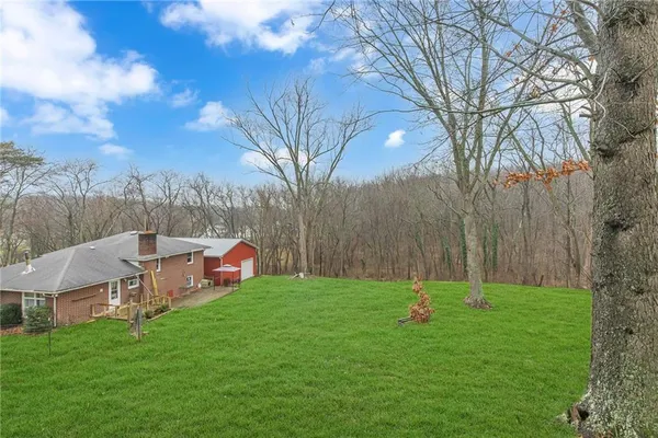 a view of a yard with large trees