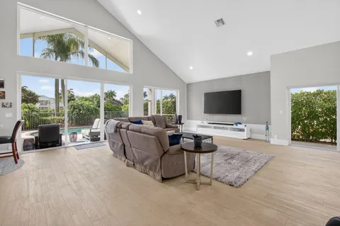 a living room with furniture tv and a large window