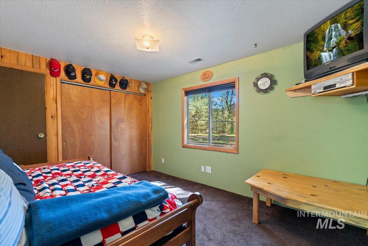 44 Ridgeview Drive Cascade, ID 83611 - Photo 12 of 29 Bedroom featuring dark colored carpet, a textured ceiling, and a closet