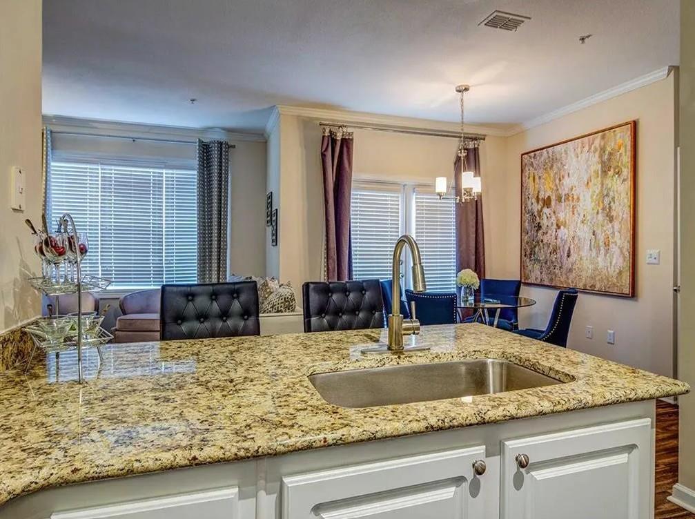 1600 Blairs Bridge Road, Unit 1701 Lithia Springs, GA 30122 - Photo 2 of 21 a kitchen with a granite countertop sink and a large mirror