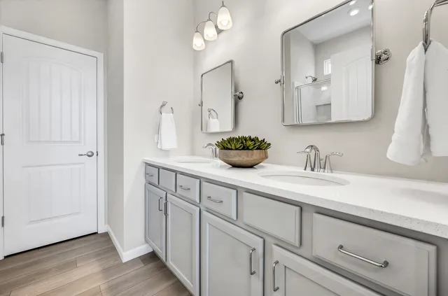 a bathroom with a double vanity sink and mirror
