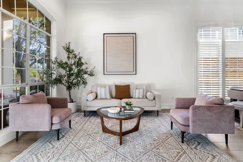 a living room with furniture and a potted plant