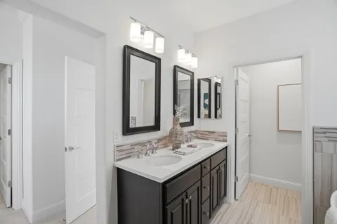 a bathroom with a sink a mirror and a shower