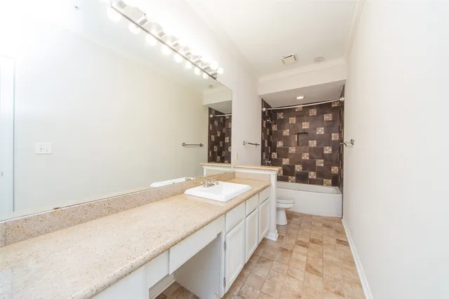a bathroom with a granite countertop sink and a bathtub