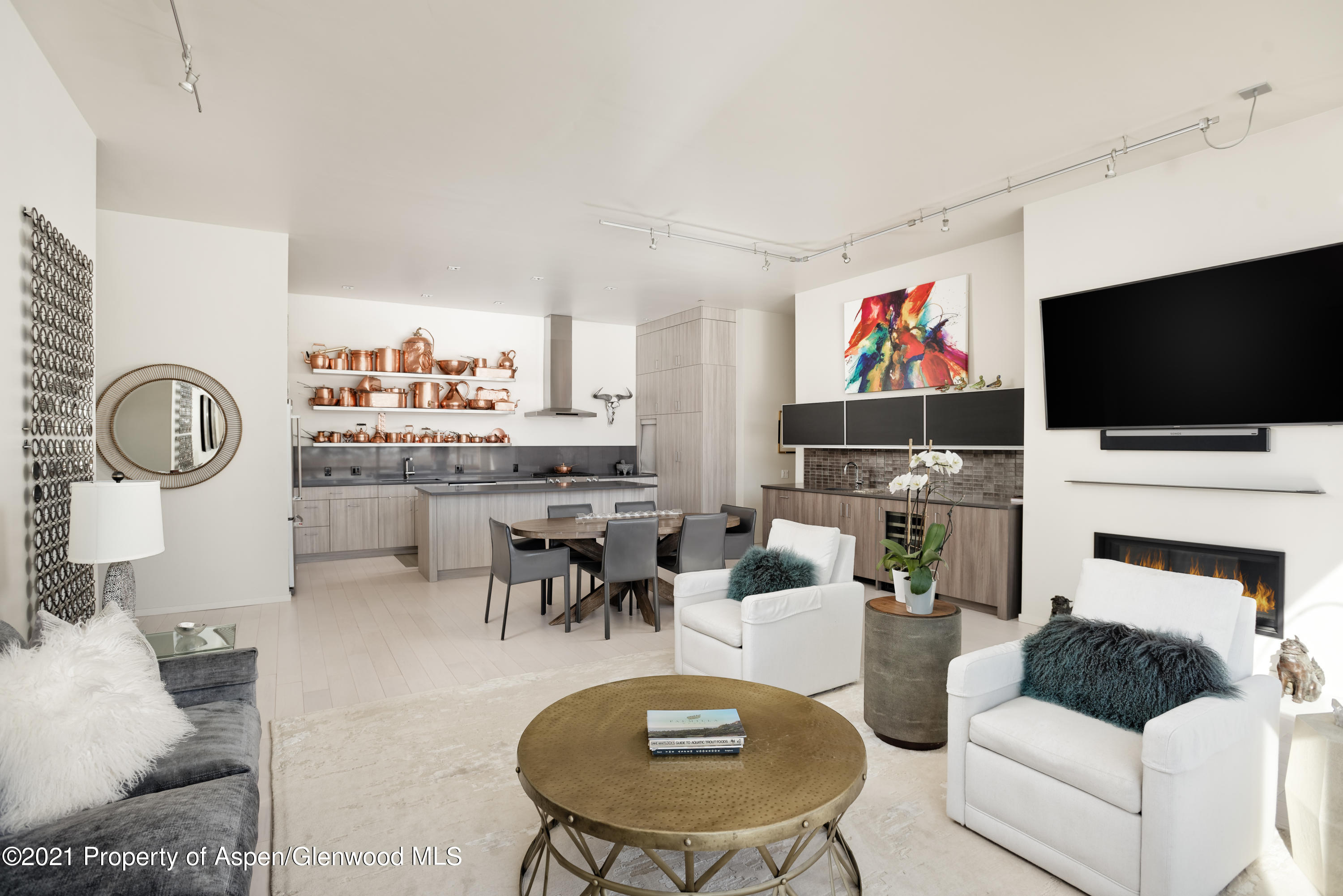 104 Evans Road, Unit 205 Basalt, CO 81621 - Photo 4 of 16 a living room with fireplace furniture and a flat screen tv