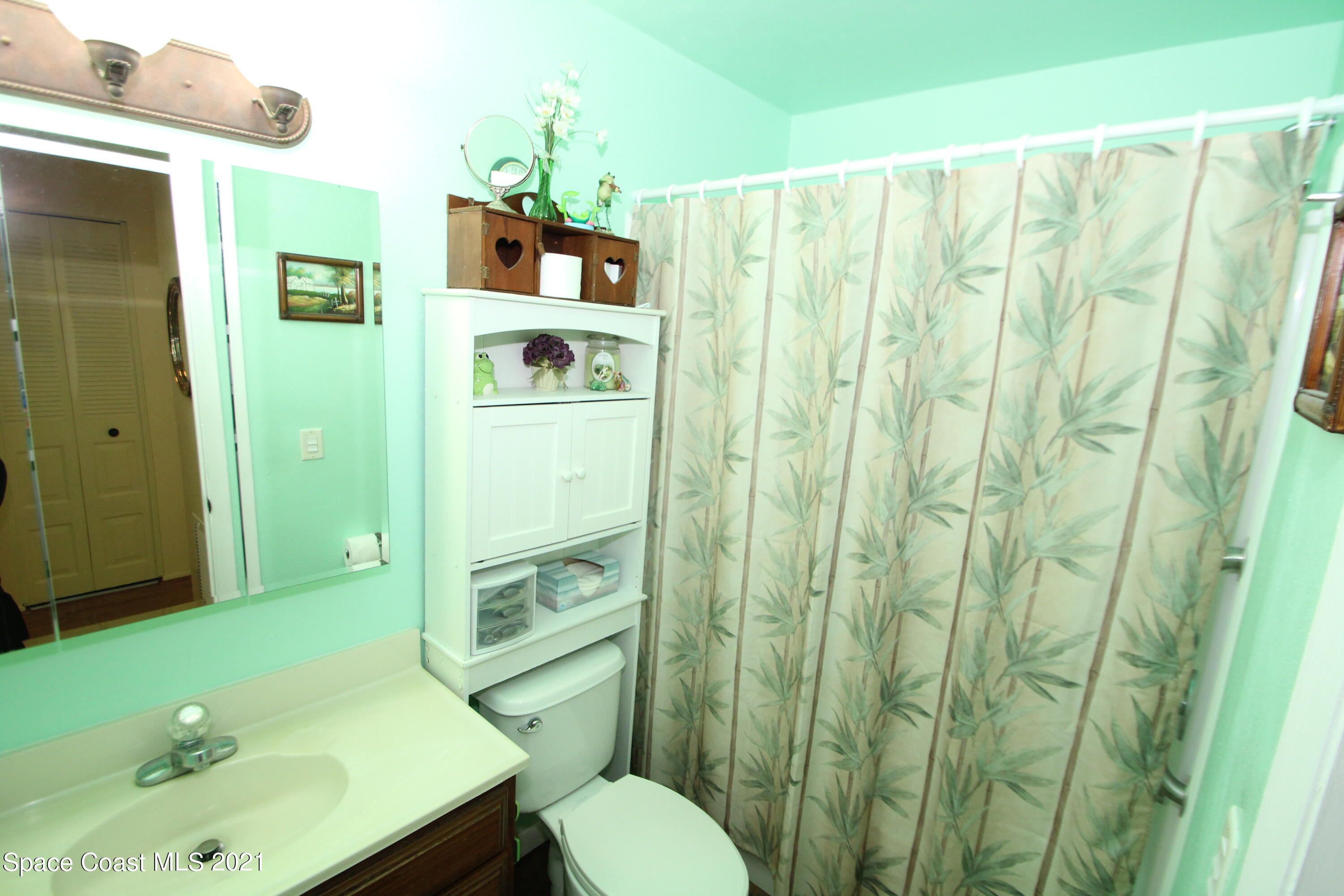 1398 Creel Road Northeast Palm Bay, FL 32905 - Photo 20 of 37 a bathroom with a sink a toilet and shower curtain