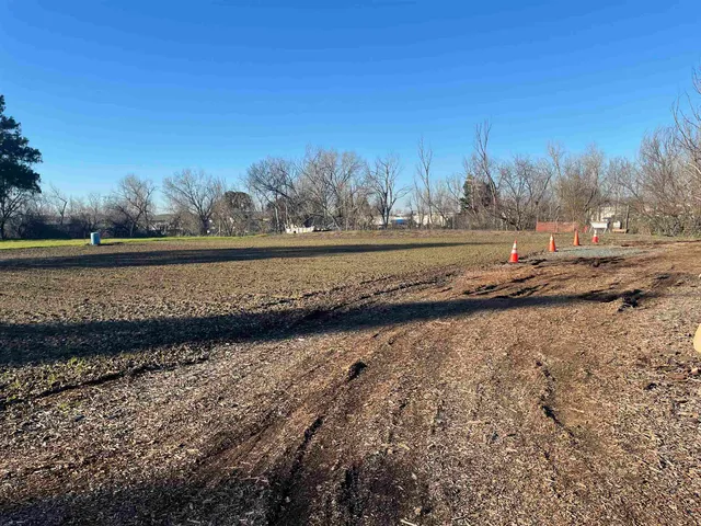 a view of a lake with beach and trees in the background