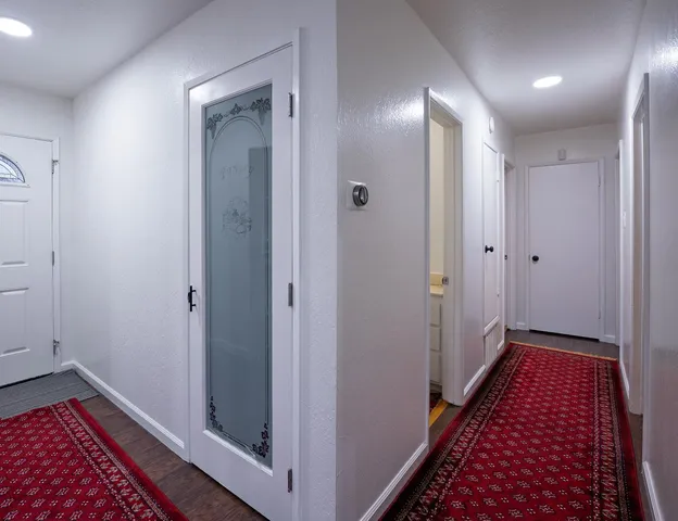 a view of a dining room with furniture