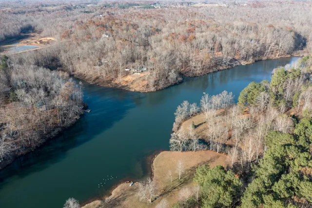 a view of a lake with a yard and a large tree
