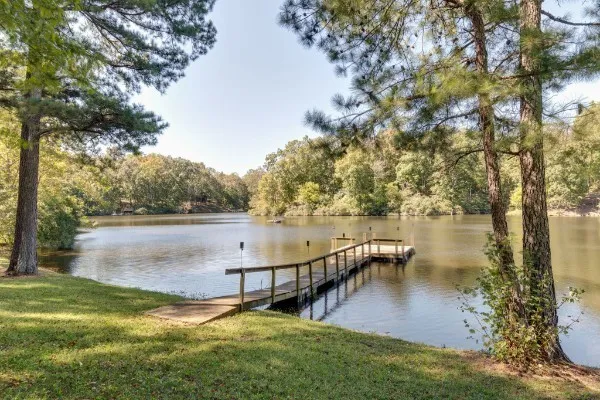 a view of a lake with a mountain in the background