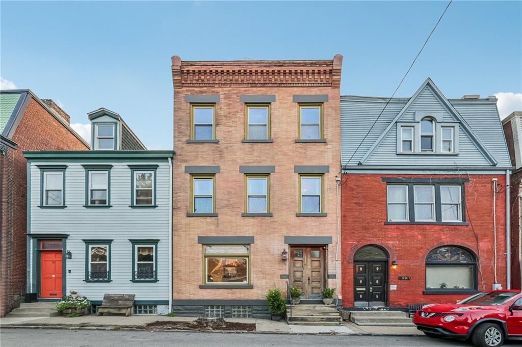 a front view of residential houses