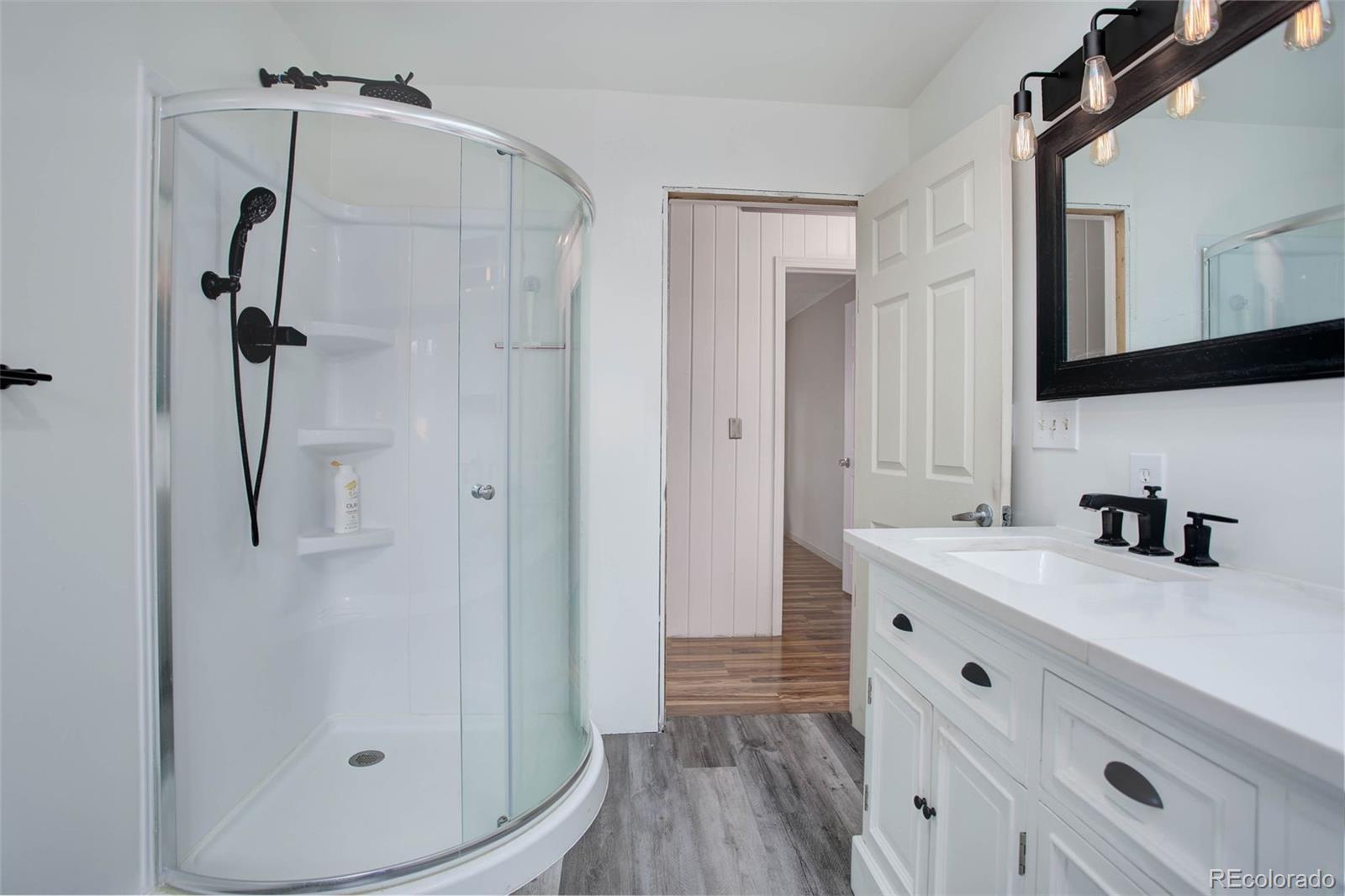 27857 Apex Circle Evergreen, CO 80439 - Photo 12 of 37 a bathroom with a shower sink and mirror