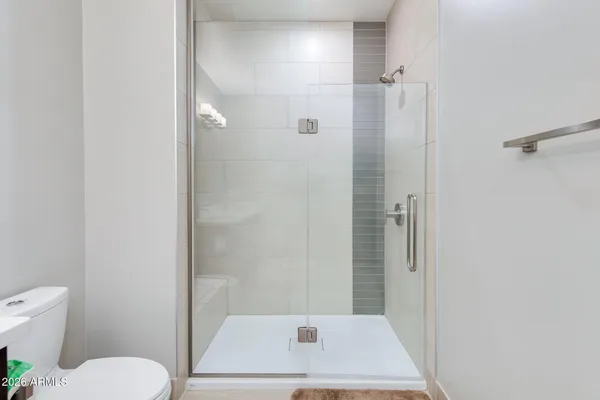 a bathroom with a toilet and a shower