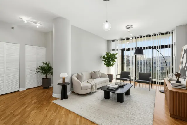 a living room with furniture and a potted plant