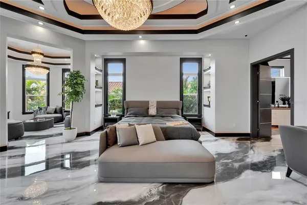 a bedroom with a bed and a stove