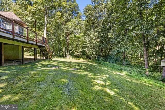 an aerial view of a house with a yard and covered with trees