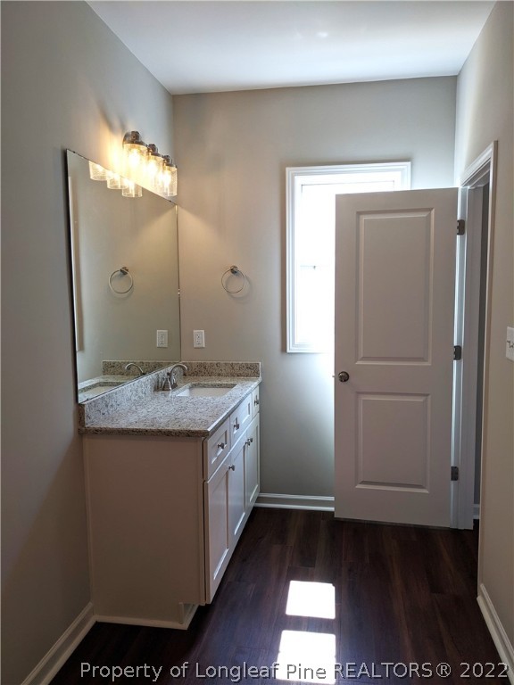 2903 Rockfish Road Raeford, NC 28376 - Photo 16 of 28 a bathroom with a granite countertop sink and a mirror