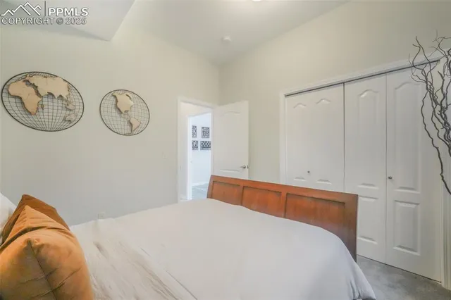 a bedroom with a bed and a closet