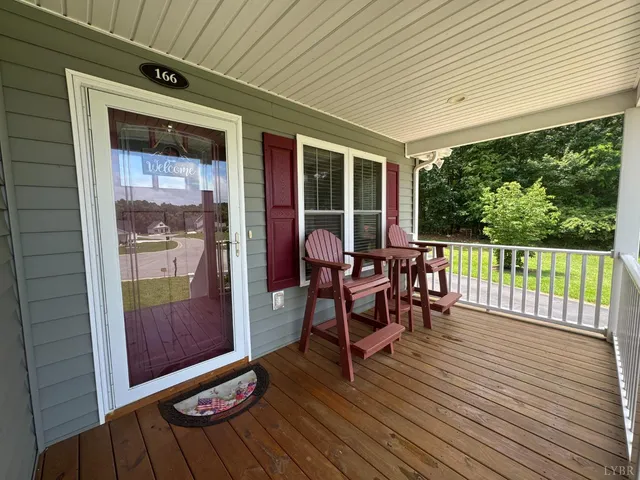 a view of a balcony with chairs