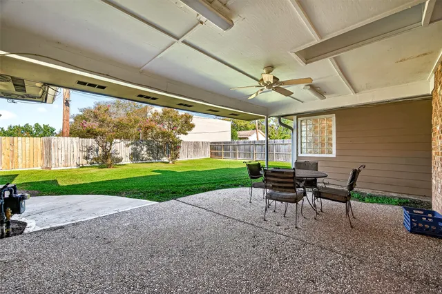 a garden view with a seating space