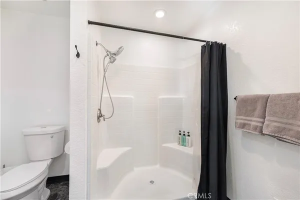a bathroom with a shower and a toilet