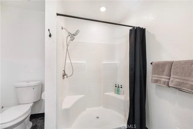 a bathroom with a shower and a toilet