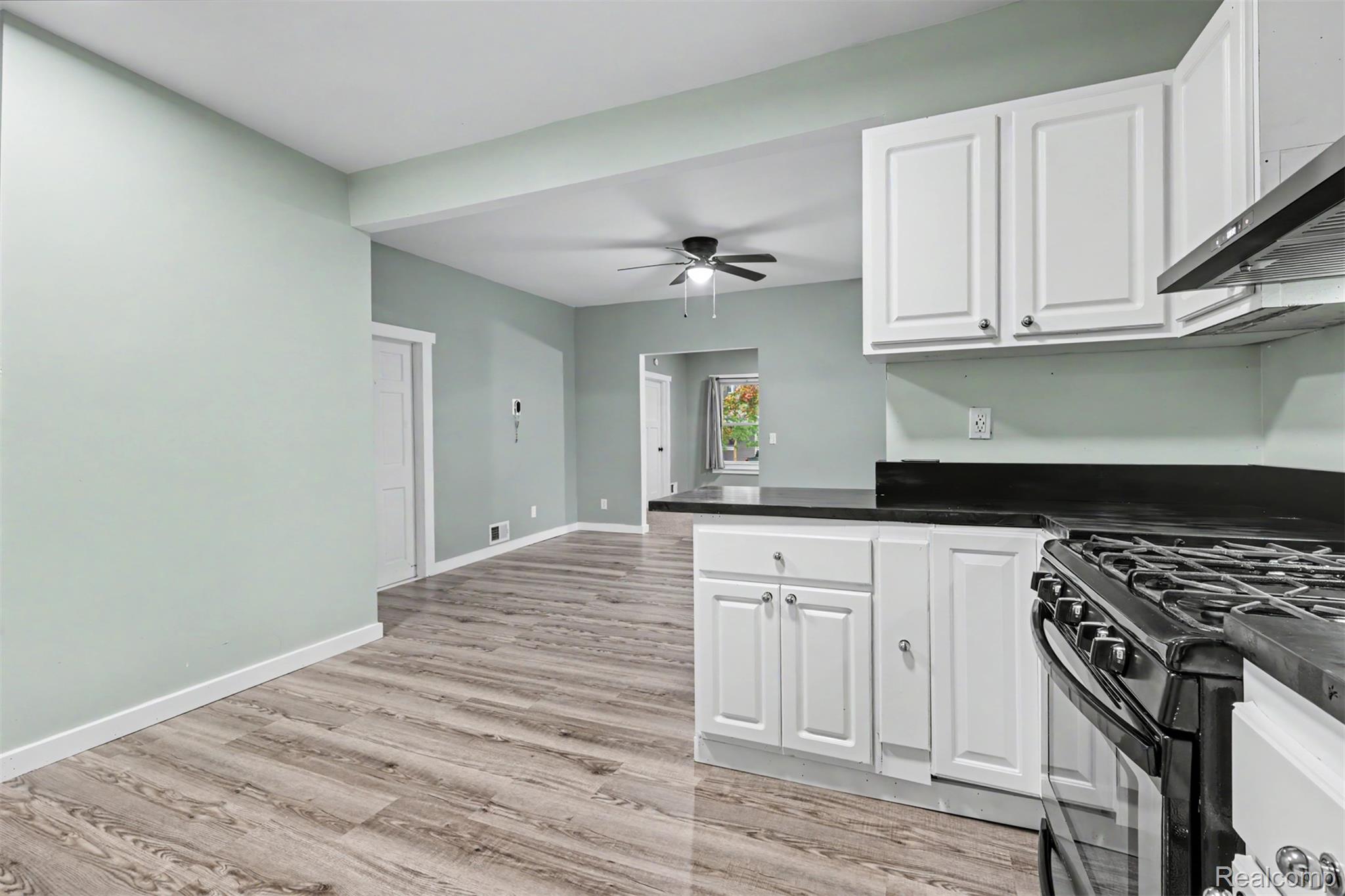 8397 Lane Street Detroit, MI 48209 - Photo 14 of 41 Kitchen featuring white cabinetry, dark countertops, and a gas range