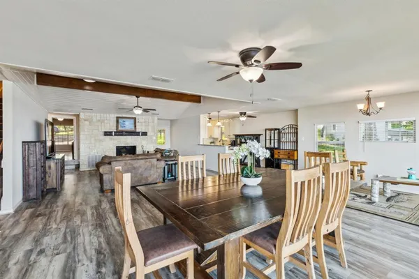 a view of a dining room with furniture