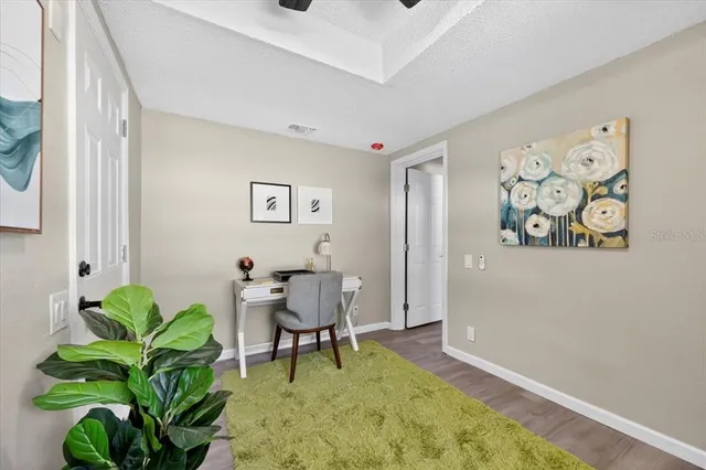 a living room with furniture and a potted plant
