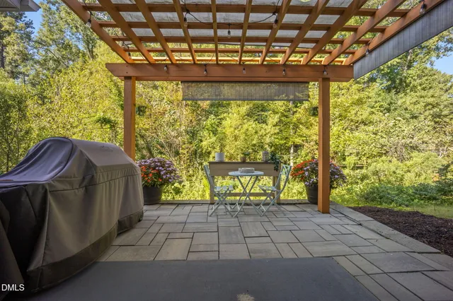 a view of a porch with seating space