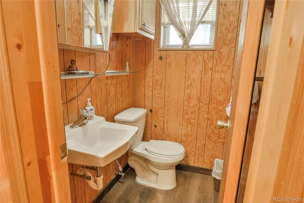 a bathroom with a sink a toilet and shower curtain