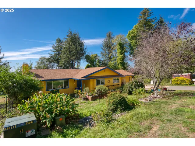 a view of a garden with a house in the background