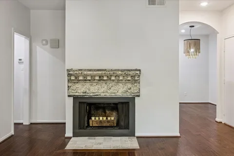 a living room with a fireplace