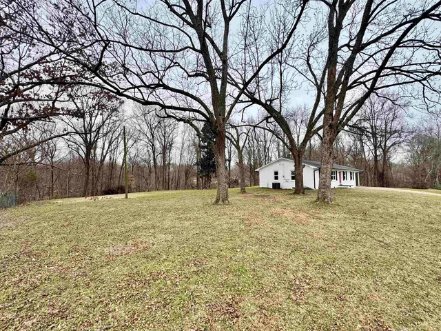 a yard with trees in front of it