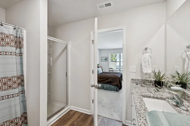 a living room with furniture and a potted plant