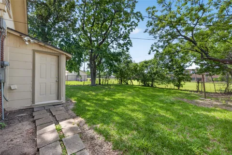 a backyard of a house with plants and large tree