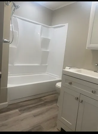 a bathroom with a shower and a bath tub
