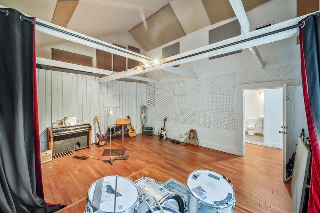 an outdoor space with furniture