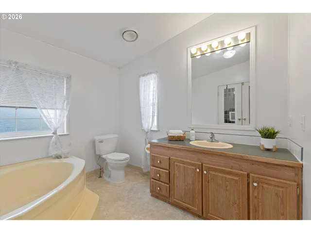 a bathroom with a granite countertop tub a double vanity sink and a large mirror